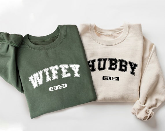 Personalized Wifey & Hubby Sweatshirt, Newlywed Honeymoon Outfit, Custom Couple Hoodie, Engagement Clothings, Wedding Party Gift, Bride Gift