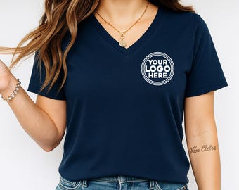 Custom Logo V-Neck T-shirt, Personalized Company Logo V-Neck Tee, Custom Business Logo Pocket V-Neck Shirt, Personalized Women's Shirt Gift