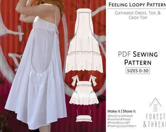 Feeling Loopy PDF Pattern Sizes 0-30 Digital Sewing Pattern with Video Tutorial, Cottagecore Gathered Dress Empire Waist Top Ruffle Bralette