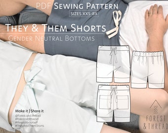 They & Them Shorts PDF Pattern, Sizes XXS-8X, Beginner Friendly Sewing Pattern with Photo Tutorial, DIY Drawstring Shorts, Easy Comfy Lounge