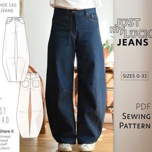 Just My Luck Jeans PDF Pattern Size 0-32 Digital Sewing Pattern, Optional Video Tutorial Workshop, Horseshoe Jean, Barrel Leg Denim Trousers