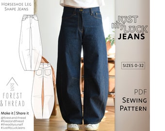 Just My Luck Jeans PDF Pattern Tailles 0-32 Patron de couture numérique avec atelier de tutoriel vidéo, jeans en fer à cheval, pantalon en denim à jambe baril