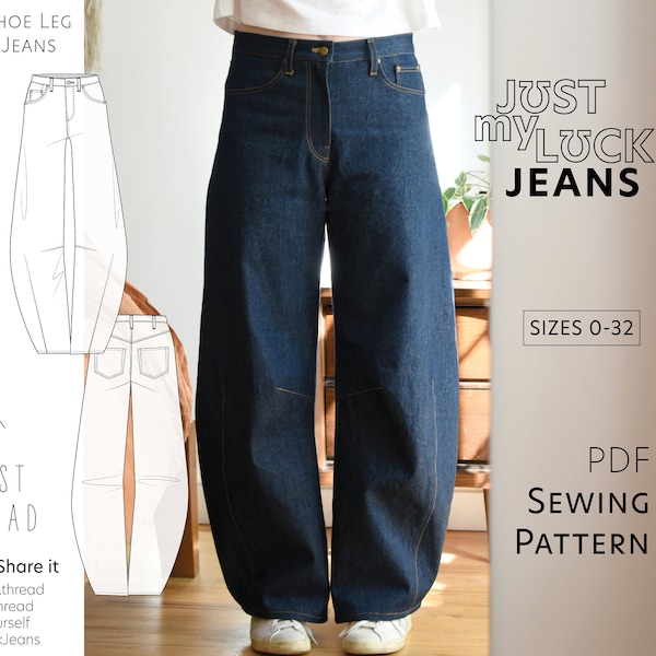 Just My Luck Jeans PDF-Muster, Größen 0–32, digitales Schnittmuster mit Video-Tutorial-Workshop, Hufeisen-Jeans, Jeanshose mit Fassbein