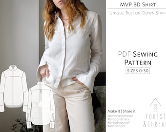 MVP BD Shirt PDF Pattern, Sizes 0-30, Digital Sewing Pattern with Photo Tutorial, Casual Button Down Shirt, Modern Button Up Blouse, Collar