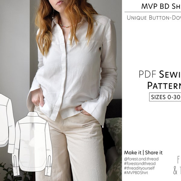 MVP BD Shirt PDF Pattern, Tailles 0-30, Modèle de couture numérique avec tutoriel photo, Chemise boutonnée décontractée, Chemisier boutonné moderne, Col