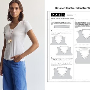 K&ouml;nnte beinhalten: Ein wei&szlig;es V-Ausschnitt-T-Shirt und eine blaue Hose neben einem Dokument mit dem Titel Detailed Illustrated Instructions, IZZIR, Sew Your Garment, Step 7: Attach the Back Neck Binding, mit Diagrammen und Text zum N&auml;hen eines Halsausschnitts.