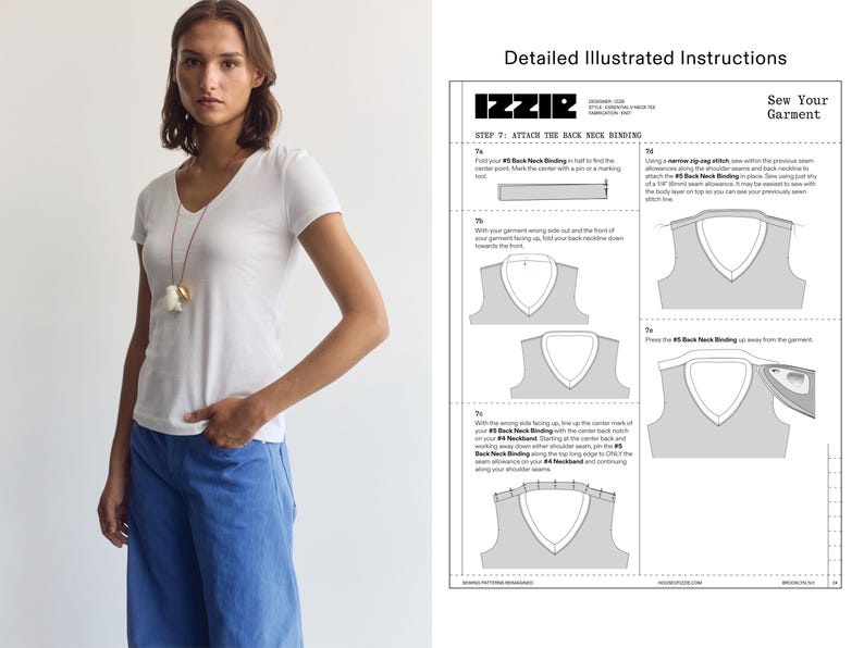 K&ouml;nnte beinhalten: Ein wei&szlig;es V-Ausschnitt-T-Shirt und eine blaue Hose neben einem Dokument mit dem Titel Detailed Illustrated Instructions, IZZIR, Sew Your Garment, Step 7: Attach the Back Neck Binding, mit Diagrammen und Text zum N&auml;hen eines Halsausschnitts.