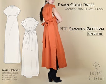 Damn Good Dress PDF Pattern, Confident Beginner Friendly, Sewing Pattern, Photo + Video Tutorials, Sizes 0-30, Midi Length Modern Dress