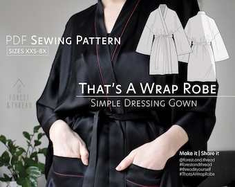 C'est un modèle PDF Wrap Robe, tailles XXS-8X, patron de couture adapté aux débutants avec tutoriel photo, DIY Lounge Robe, Silky Robe avec poches