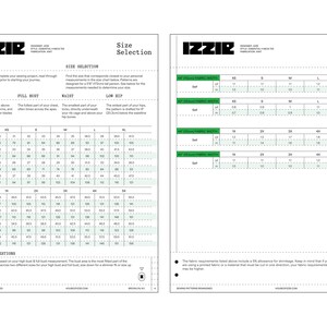 K&ouml;nnte beinhalten: Ein zweiseitiges Dokument mit dem Titel IZZIR, das Gr&ouml;&szlig;enauswahl-Tabellen und Stoffverbrauch f&uuml;r ein Schnittmuster enth&auml;lt. Die linke Seite bietet Anleitungen und Ma&szlig;e in Zoll und Zentimetern f&uuml;r Oberweite, Brustumfang, Taille und H&uuml;fte.