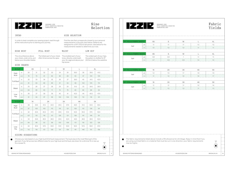 K&ouml;nnte beinhalten: Ein zweiseitiges Dokument mit dem Titel IZZIR, das Gr&ouml;&szlig;enauswahl-Tabellen und Stoffverbrauch f&uuml;r ein Schnittmuster enth&auml;lt. Die linke Seite bietet Anleitungen und Ma&szlig;e in Zoll und Zentimetern f&uuml;r Oberweite, Brustumfang, Taille und H&uuml;fte.