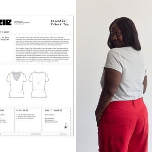 K&ouml;nnte beinhalten: Ein Schnittmuster f&uuml;r ein Essential V-Neck T-Shirt von IZZIR mit technischen Skizzen, Gr&ouml;&szlig;entabellen und Konstruktionsdetails, neben einem hellgrauen kurz&auml;rmeligen T-Shirt mit V-Ausschnitt und einer leuchtend roten Hose.