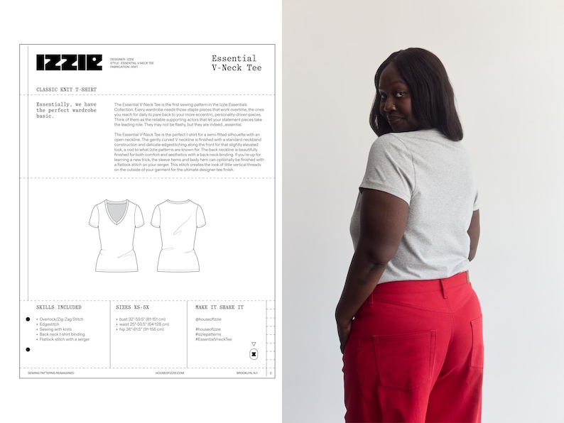 K&ouml;nnte beinhalten: Ein Schnittmuster f&uuml;r ein Essential V-Neck T-Shirt von IZZIR mit technischen Skizzen, Gr&ouml;&szlig;entabellen und Konstruktionsdetails, neben einem hellgrauen kurz&auml;rmeligen T-Shirt mit V-Ausschnitt und einer leuchtend roten Hose.