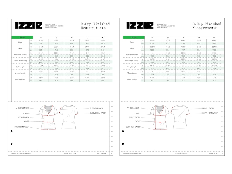 K&ouml;nnte beinhalten: Zwei wei&szlig;e Informationstabellen mit dem Titel IZZIR B-Cup Finished Measurements und D-Cup Finished Measurements. Jede Tabelle zeigt Gr&ouml;&szlig;endaten in Zoll und Zentimetern f&uuml;r Brust, Taille, Saum, &Auml;rmelsaum, K&ouml;rperl&auml;nge, V-Ausschnitt-L&auml;nge und &Auml;rmell&auml;nge sowie Strichzeichnungen eines T-Shirts mit V-Ausschnitt.