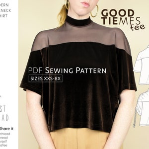 Good Tiemes Tee PDF Pattern, Sizes XXS-8X, Digital Sewing Pattern with Video Tutorial, Modern Mockneck T-Shirt, DIY Cropped Boxy Knit Top