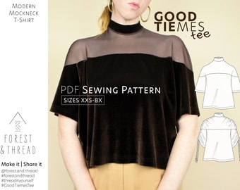 Good Tiemes Tee PDF Pattern, Sizes XXS-8X, Digital Sewing Pattern with Video Tutorial, Modern Mockneck T-Shirt, DIY Cropped Boxy Knit Top