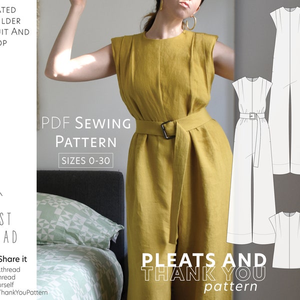 Pleats And Thank You PDF Pattern Sizes 0-30 Digital Sewing Pattern with Video Tutorial, Pleated Jumpsuit with Belt, Shoulder Pad, Modern Top