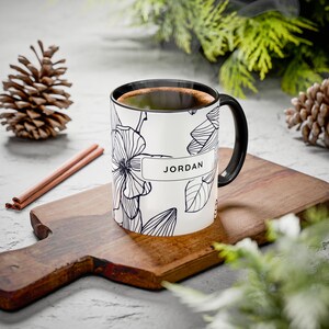 Black and White Floral Mug: Minimalist Botanical Coffee Cup