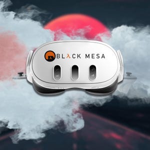 May include: White virtual reality headset with a black mesa logo and three black sensors on the front. The headset is floating in a cloud of white smoke.