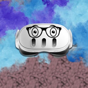 May include: A white VR headset with a black and white sticker of a face wearing glasses. The face has large eyes and a surprised expression.