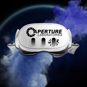 May include: A white virtual reality headset featuring the Aperture Laboratories logo and a black and white image of a person running. The headset is suspended in front of a blue and white cloudy backdrop.