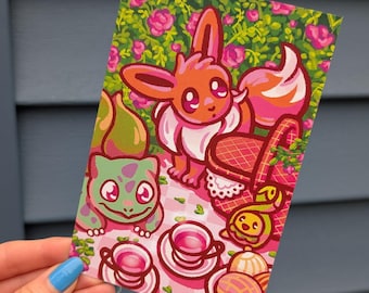 Pokemon Picnic Postcard Print // Eevee Bulbasaur Budew