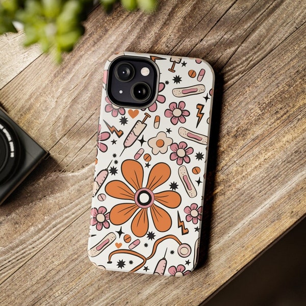 Groovy Nurse Tough iPhone Case, Women's Medical Phone Cover, Fun Floral Bandaids Syringes, Retro Boho Pink Orange Phone Case RNA