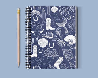 Coastal Cowgirl Spiral Notebook, Ruled Line Journal, Beachy Diary School Notes Book, Navy Blue White Seashells, Western Southern Cowboy Gift