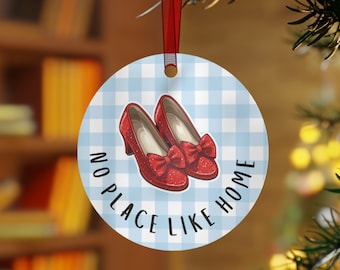 No Place Like Home Round Metal Ornament, Wizard of Oz Inspired Christmas Tree Ornaments, Dorothy Ruby Slippers Blue Gingham, Gift for Oz Fan
