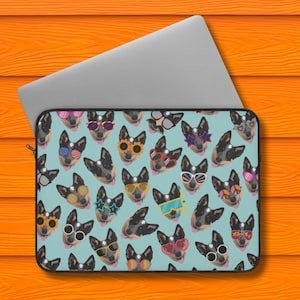 Funny Blue Heeler Laptop Sleeve Case, Cattle Dog Computer Case, Gift for Heeler Owner, Turquoise Zipper Case, Cute Dogs with Glasses