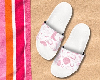Coastal Cowgirl Women&#39;s Beach Slide Sandals, Pool Flip Flop Shoes, Pink White Beachy Ocean, Gift for Beach Lover, Seashells