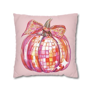 Girly Disco Ball Pumpkins Square Throw Pillow Cover, Halloween Fall Throw Pillowcase, Pink Orange Spooky Season Decor, Coquette Bow Pumpkin
