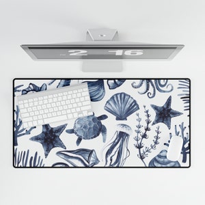 Aquarell Küsten Ozean Computer Schreibtisch Matte, Strandy Seashell Wohnkultur, Geschenk für sie, Strand Indigo Marine Blau Tastatur Büro Dekor