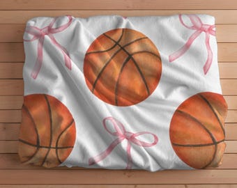 Coquette Girl's Basketballs Velveteen Blanket, Any Season Throw Blanket, Gift for Her, Pink Bows, Basketball Player Gift, Sports Home Decor