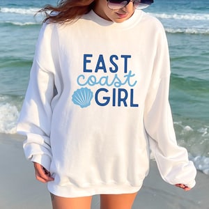 East Coast Girl Crewneck Sweatshirt, Women&#39;s Beachy Seashell Sweater, Coastal Gift, Gift for Her, North Carolina Beach, South Carolina Beach