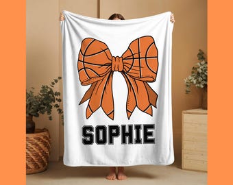 Personalized Coquette Girl's Basketball Bow Velveteen Blanket, Throw Blanket, Custom Gift for Her, Basketball Player Gift, Sports Home Decor