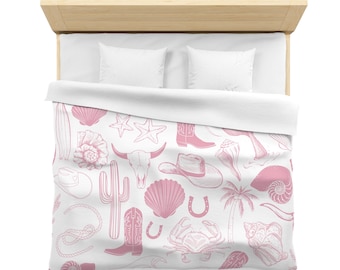 Pink Coastal Cowgirl Microfiber Duvet Cover, Beach Home Decor, Nautical Ocean Animals Bedding, Western White Seashell Cowboy Boots Horses
