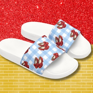 Ruby Slippers Women&#39;s Beach Slide Sandals, Pool Flip Flop Shoes, Cute Dorothy Blue White Gingham, Gift for Oz Fan, Wizard of Oz Inspired