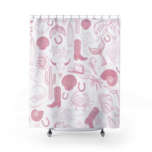 Pink Coastal Cowgirl Shower Curtain, Beachy Seashell Bathroom Decor, Coastal Cowgirl Gift, Gift for Her, Women&#39;s Beach Cowboy Boots Ocean