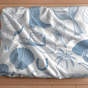 Coastal cowgirl gezellige fluwelen deken, elk seizoen deken, cadeau voor haar, strand zeeschelp woondecoratie, westelijke oceaan boho wit