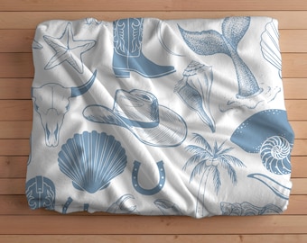 Coastal Cowgirl Cozy Velveteen Blanket, Any Season Throw Blanket, Gift for Her, Beach Seashell Home Decor, Western Ocean Boho White