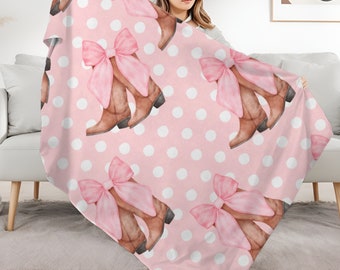 Coquette Cowgirl Blanket, Any Season Throw Blanket, Gift for Her, Girl's Pink Cowgirl Boots Bows, Western Home Decor, Baby Gift, Dorm