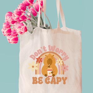 Capybara Don&#39;t Worry Be Capy Canvas Tote Bag, Cute Women&#39;s Rainbow Retro Groovy Bag, Gift for Her, Shopping Bag, Capybara Lover Gift