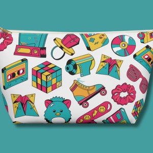 I Love the 90s Zipper Pouch, Fun Women&#39;s Retro Makeup Bag, Gift for Her, 80s Eighties Nineties Accessory Pouch, Furby Scrunchie Rubik&#39;s cube
