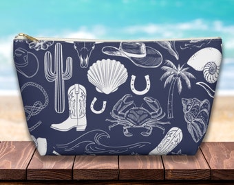 Estuche con cremallera de vaquera costera, neceser de maquillaje playero para mujer con conchas marinas, regalo de vaquera costera, regalo para ella, estuche para accesorios de playa en azul marino y blanco
