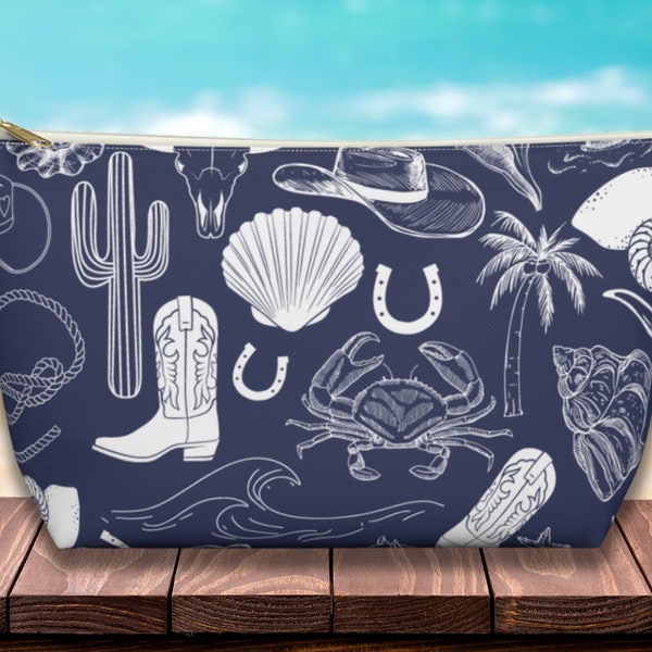 Coastal Cowgirl Zipper Pouch, Women's Beachy Seashell Makeup Bag, Coastal Cowgirl Gift, Gift for Her, Beach Navy Blue White Accessory Pouch