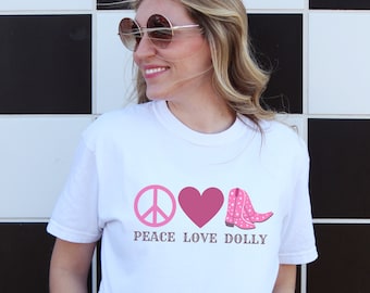 Peace Love Dolly Comfort Colors Graphic Tee, Hot Pink Cowboy Cowgirl Boots T-Shirt, Dolly Parton Shirt, Dolly Parton Fan Gift, Country Music