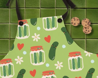 Kawaii Pickles Schürze, Niedliche Gurken Gläser Küche Backen Kochschürze, Geschenk für Sie, Geschenk für Pickle Fan, Cottagecore grüne Gänseblümchen Herzen