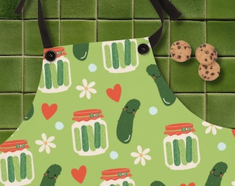 Kawaii pickles-förkläde, söta picklesburkar för köksbakning, present till henne, present till pickle-fantast, Cottagecore gröna tusenskönahjärtan