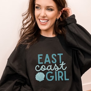 East Coast Girl Crewneck Sweatshirt, Women&#39;s Beachy Seashell Sweater, Coastal Gift, Gift for Her, North Carolina Beach, South Carolina Beach